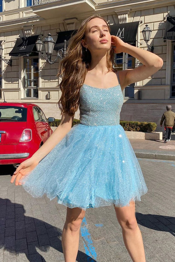 Koscy Sky Blue Sequins Lace Beaded Bodice Short Homecoming Dress