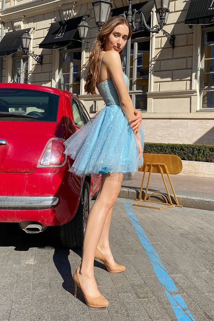 Koscy Sky Blue Sequins Lace Beaded Bodice Short Homecoming Dress