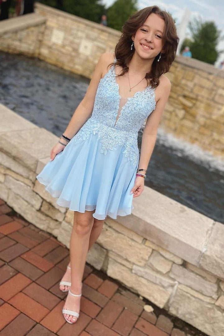 Koscy Sky Blue V Neck Tulle Short Homecoming Dresses with Appliques