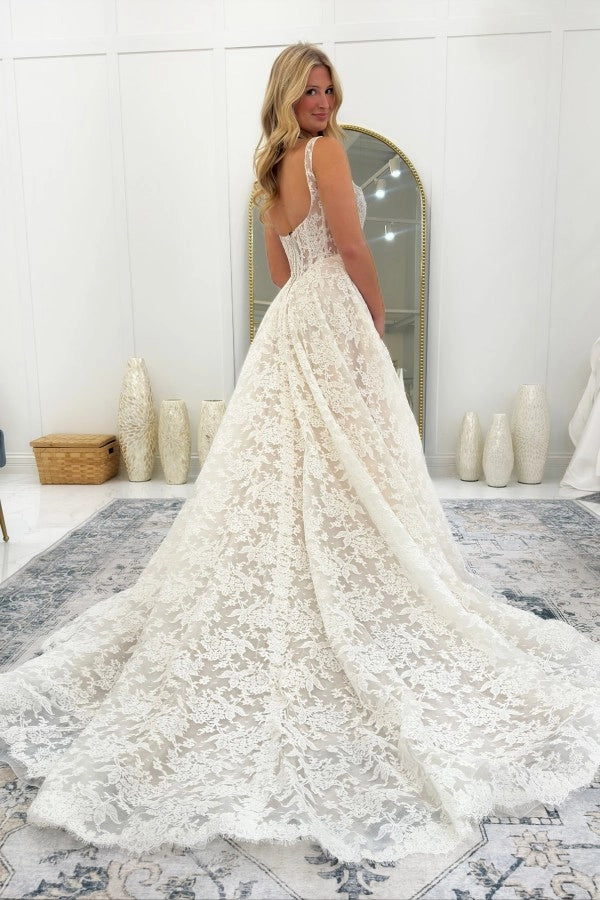 sleek lace wedding dresses Sleek Ivory A-Line Square Sleeveless Floor-Length Lace Wedding Dress with Appliques