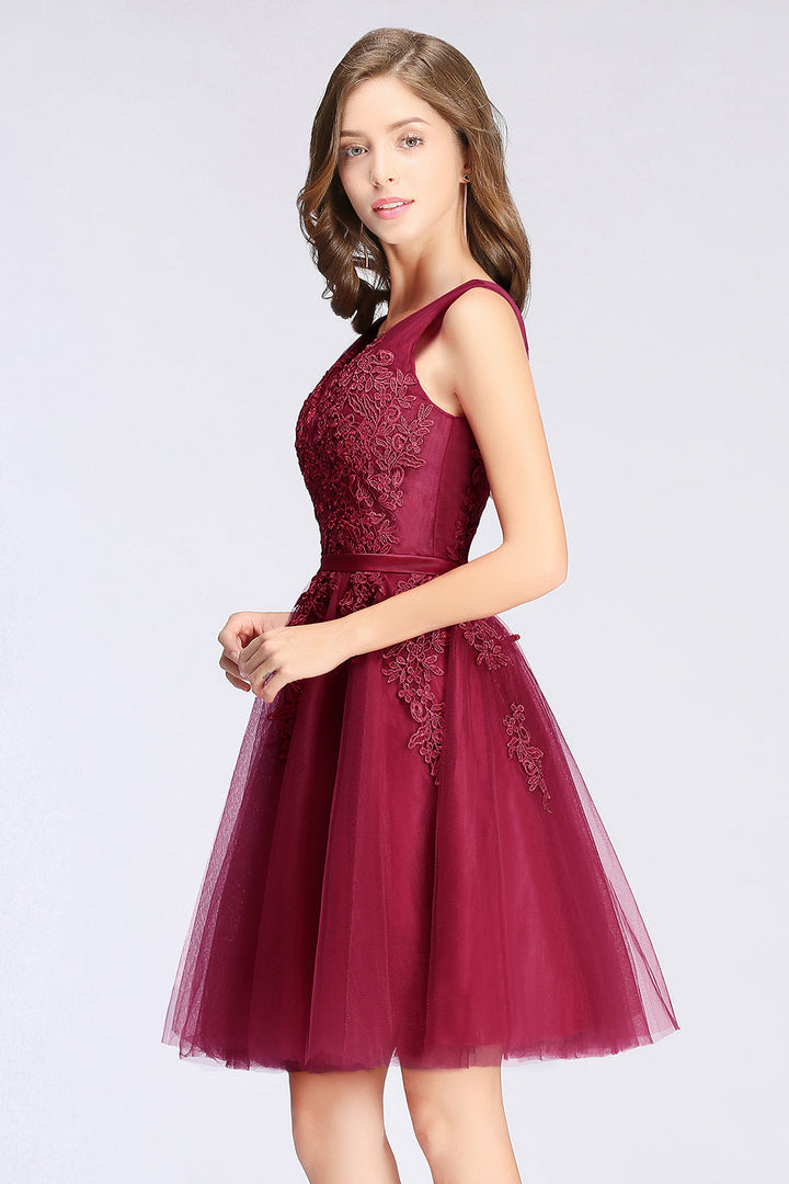 Sleeveless Appliques Tulle Lace V-Neck Knee Length Dress-koscy