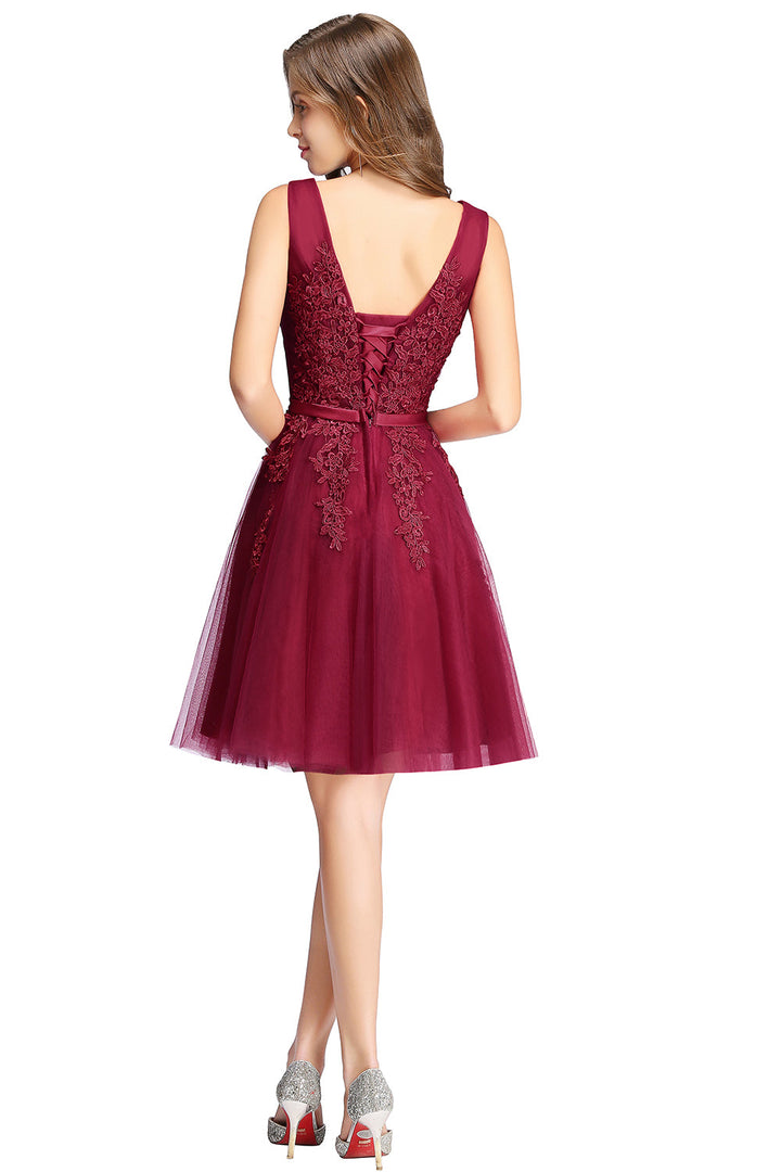 Sleeveless Appliques Tulle Lace V-Neck Knee Length Dress-koscy