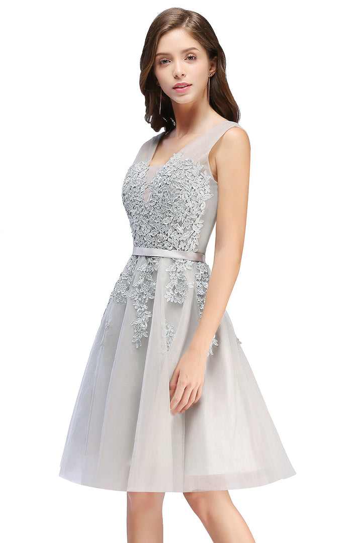 Sleeveless Appliques Tulle Lace V-Neck Knee Length Dress-koscy