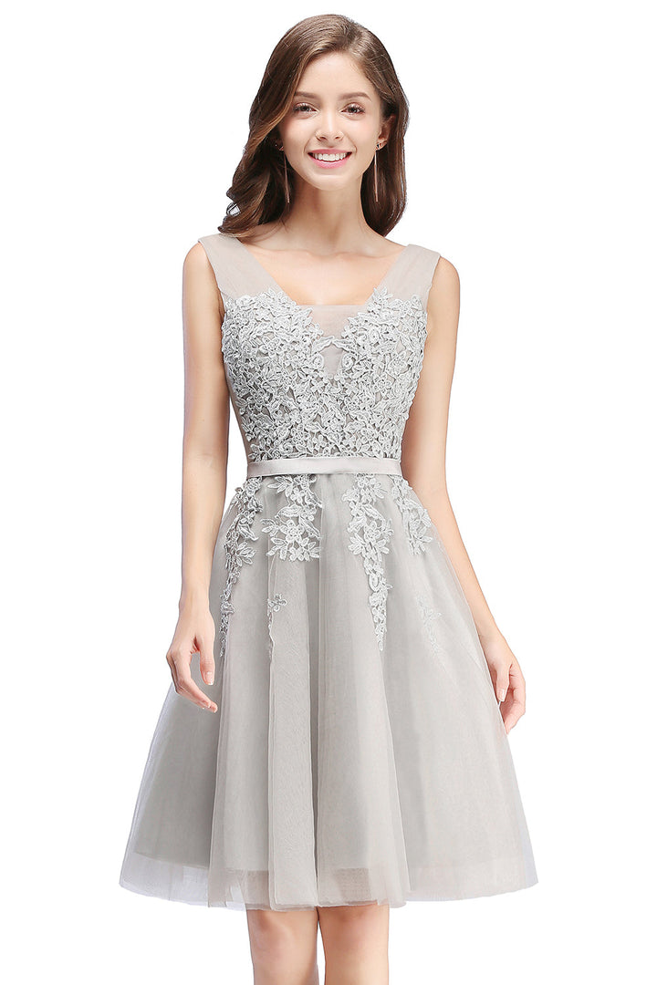 Sleeveless Appliques Tulle Lace V-Neck Knee Length Dress-koscy