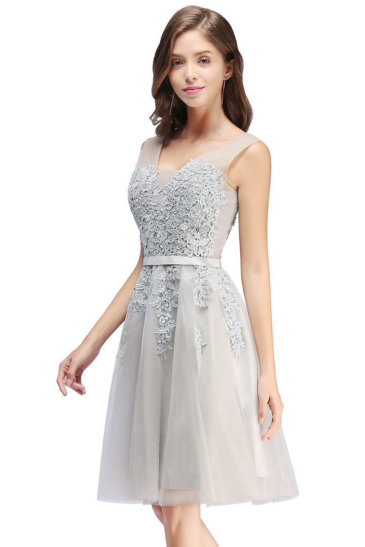 Sleeveless Appliques Tulle Lace V-Neck Knee Length Dress-koscy