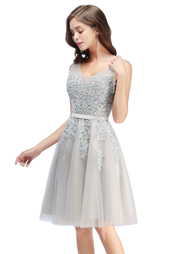 Sleeveless Appliques Tulle Lace V-Neck Knee Length Dress-koscy
