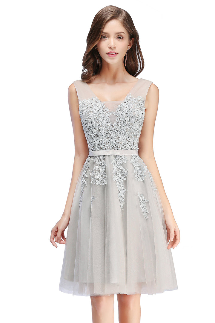 Sleeveless Appliques Tulle Lace V-Neck Knee Length Dress-koscy