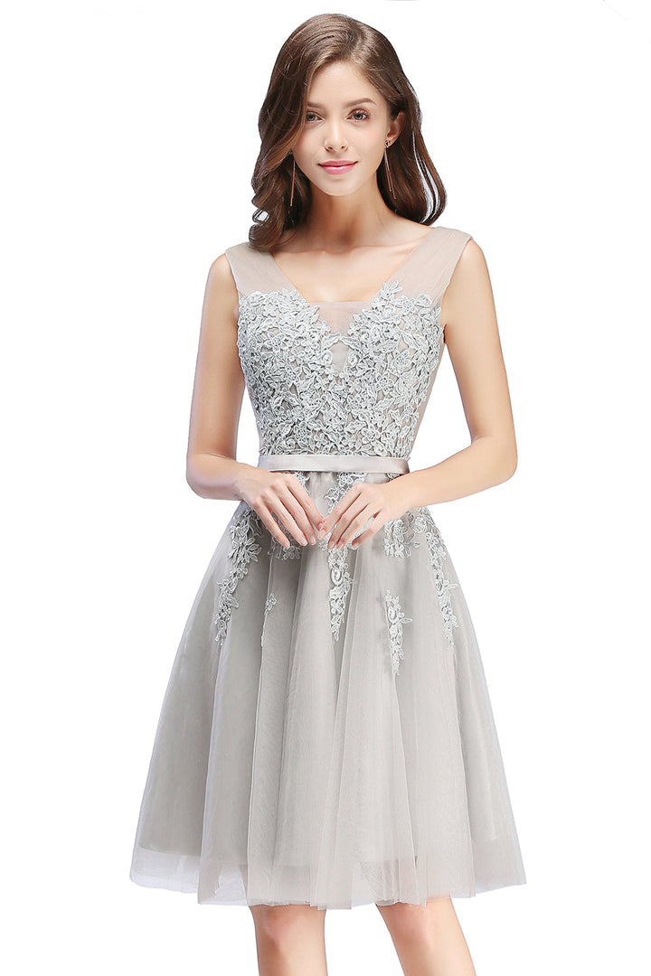 Sleeveless Appliques Tulle Lace V-Neck Knee Length Dress-koscy