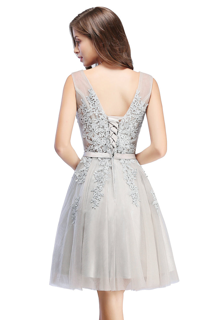 Sleeveless Appliques Tulle Lace V-Neck Knee Length Dress-koscy