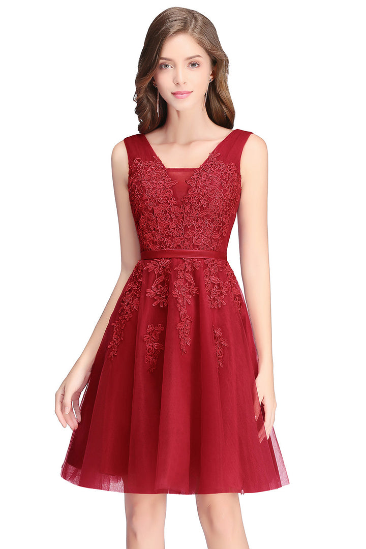 Sleeveless Appliques Tulle Lace V-Neck Knee Length Dress-koscy