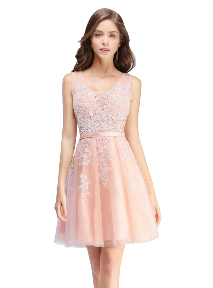Sleeveless Appliques Tulle Lace V-Neck Knee Length Dress-koscy
