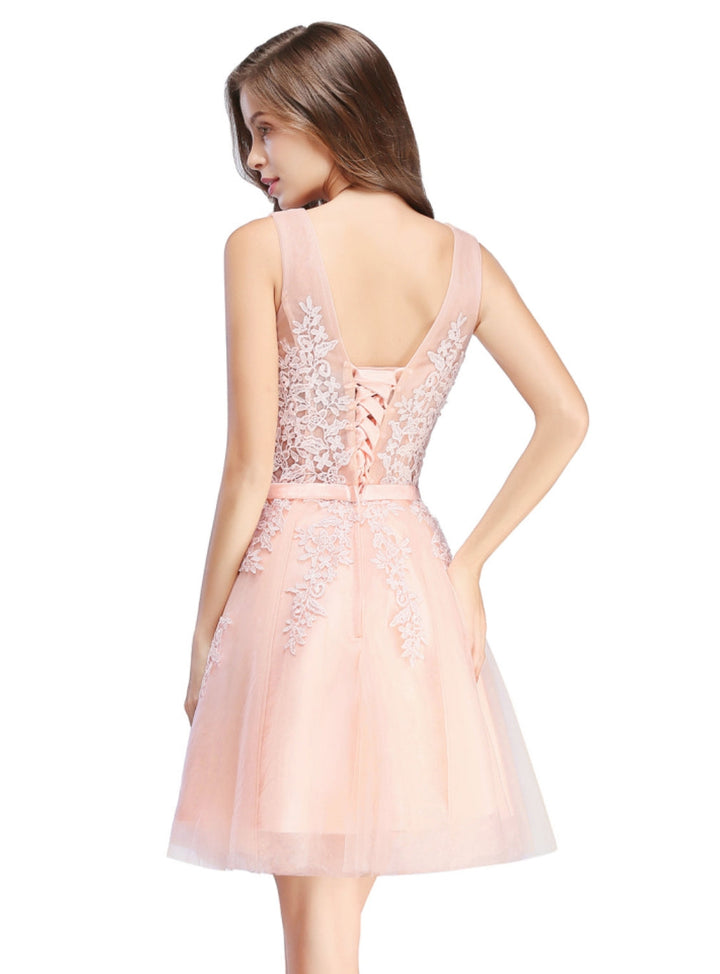 Sleeveless Appliques Tulle Lace V-Neck Knee Length Dress-koscy