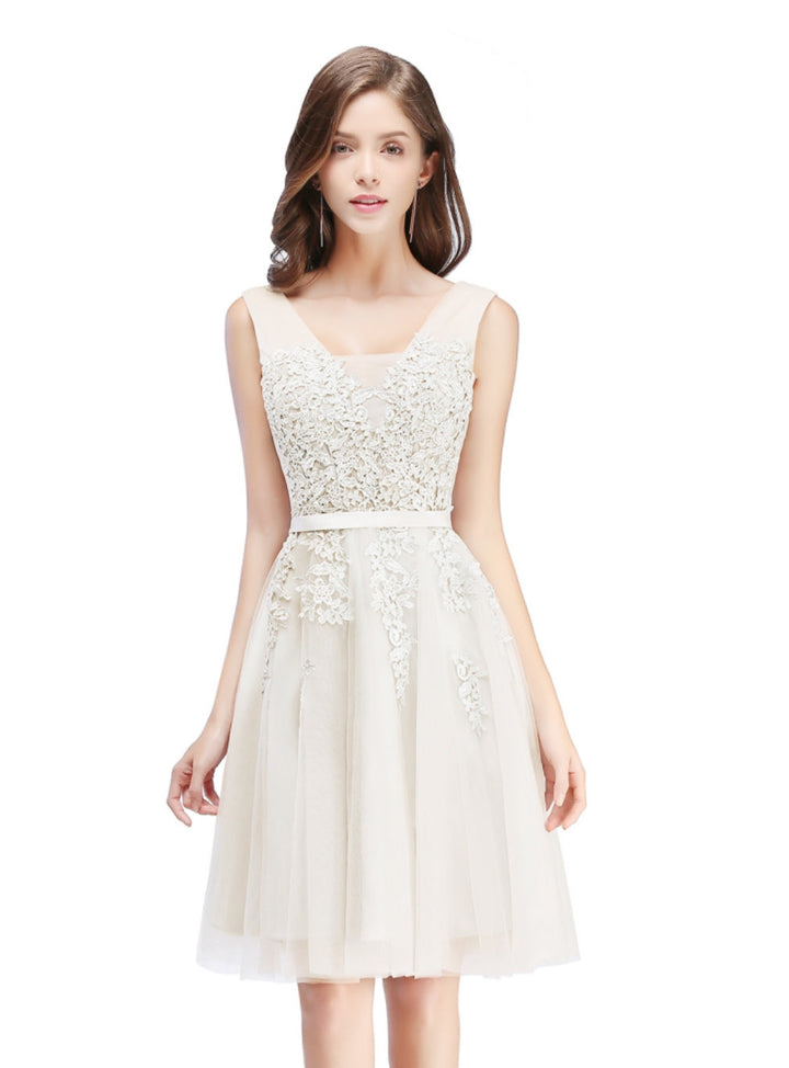 Sleeveless Appliques Tulle Lace V-Neck Knee Length Dress-koscy