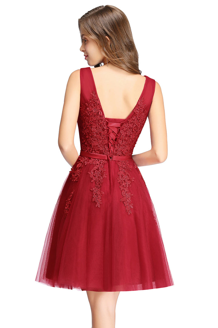 Sleeveless Appliques Tulle Lace V-Neck Knee Length Dress-koscy