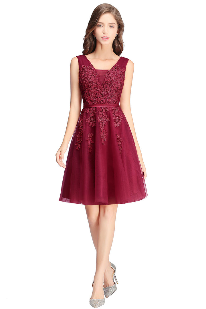 Sleeveless Appliques Tulle Lace V-Neck Knee Length Dress-koscy