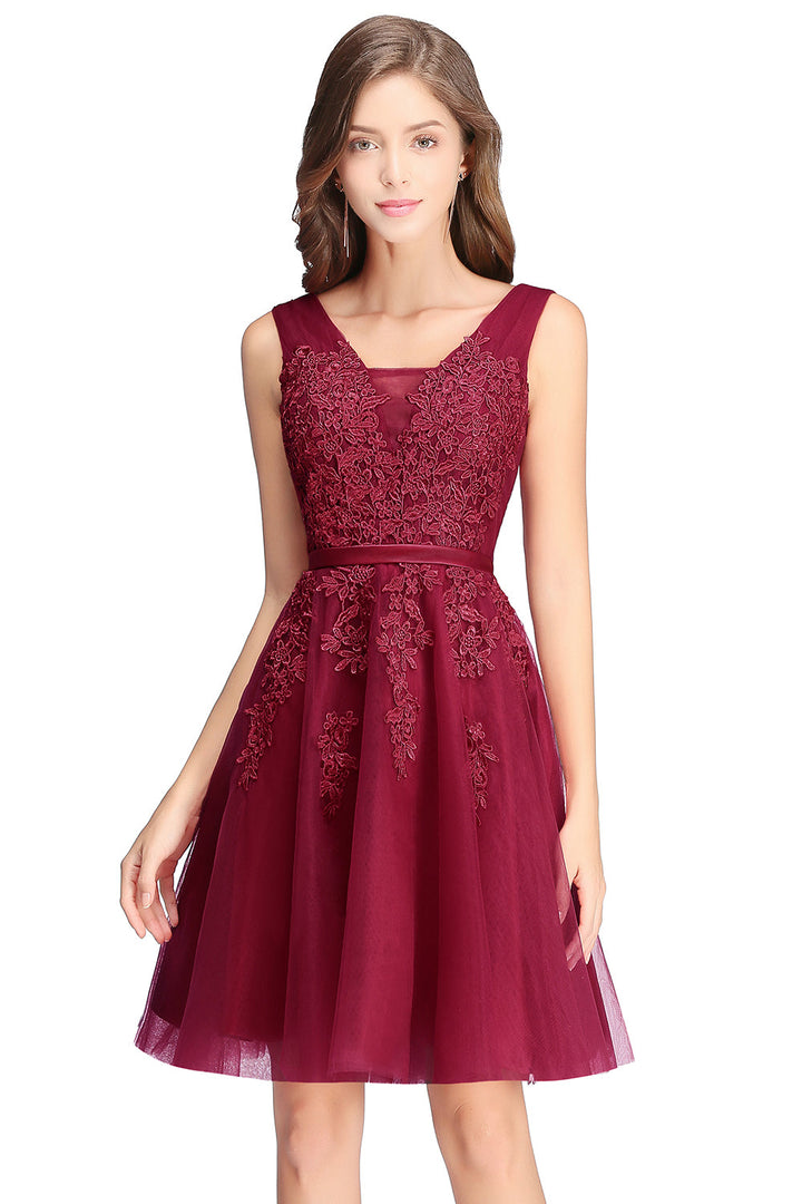 Sleeveless Appliques Tulle Lace V-Neck Knee Length Dress-koscy