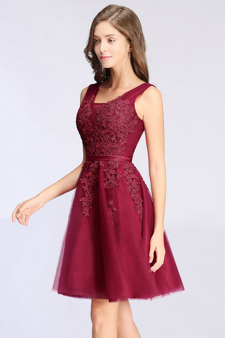 Sleeveless Appliques Tulle Lace V-Neck Knee Length Dress-koscy