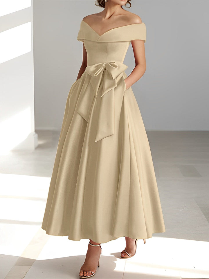 Sleeveless Off-the-Shoulder A-Line/Princess Ankle-Length Mother of the Bride  Dresses with Pockets