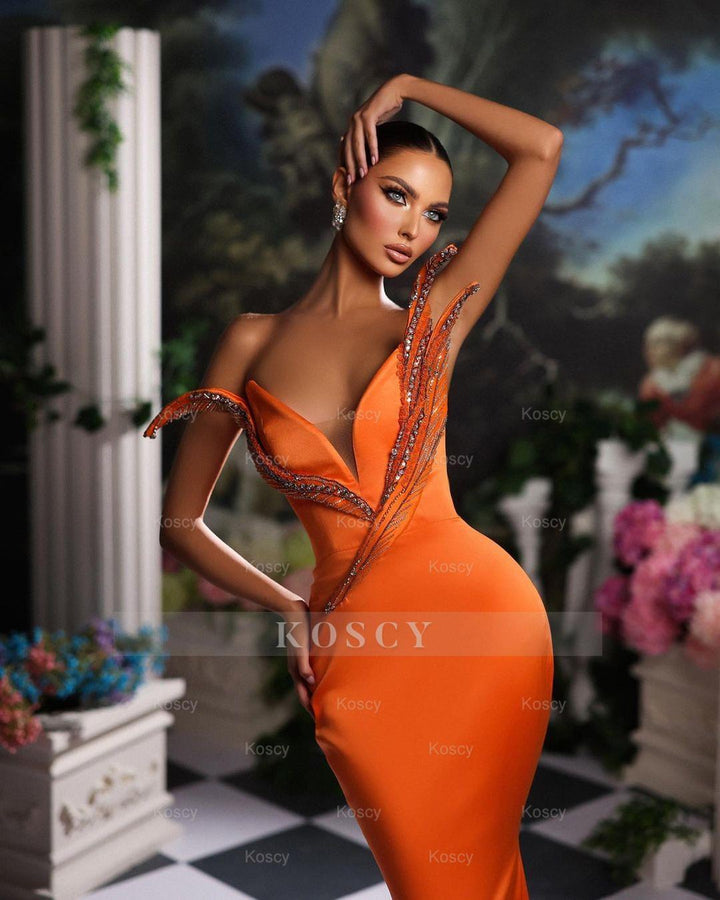 strapless open back dress Sleeveless Sequin Orange Mermaid Prom Dress