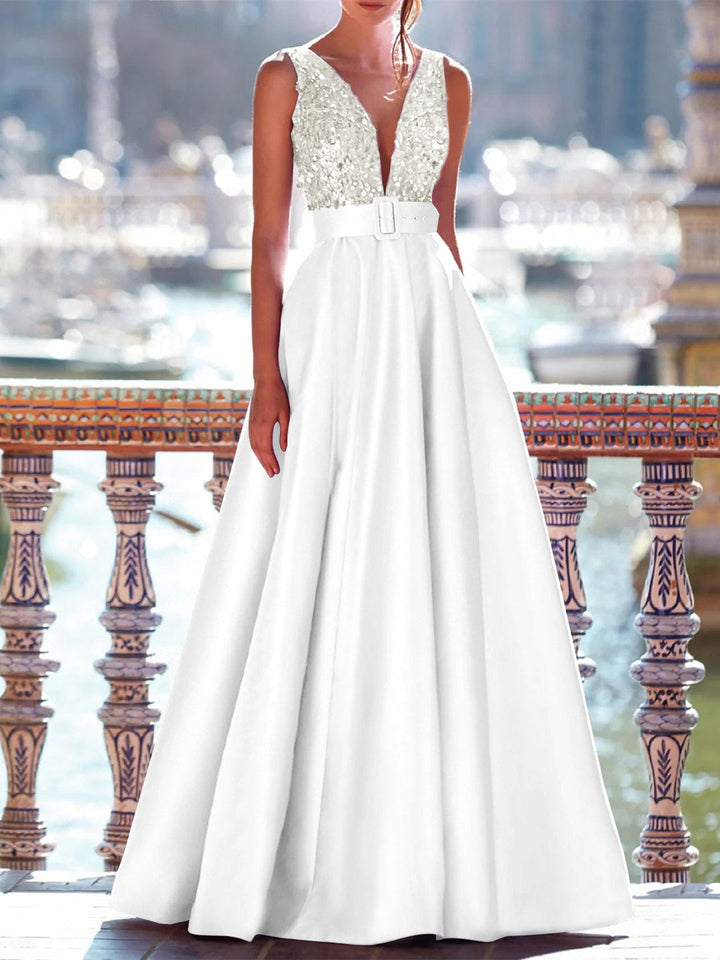 petite a line maxi dress Sleeveless V-Neck A-Line Prom Dress with Pockets in Floor-Length Satin and  Pearls