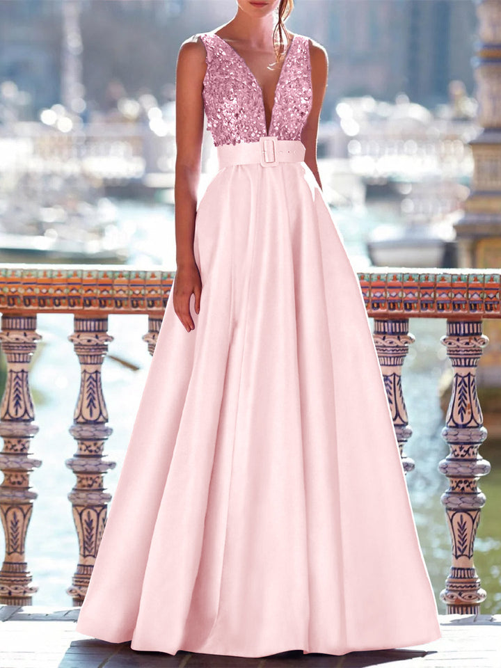 Sleeveless V-Neck A-Line Prom Dress with Pockets in Floor-Length Satin and  Pearls