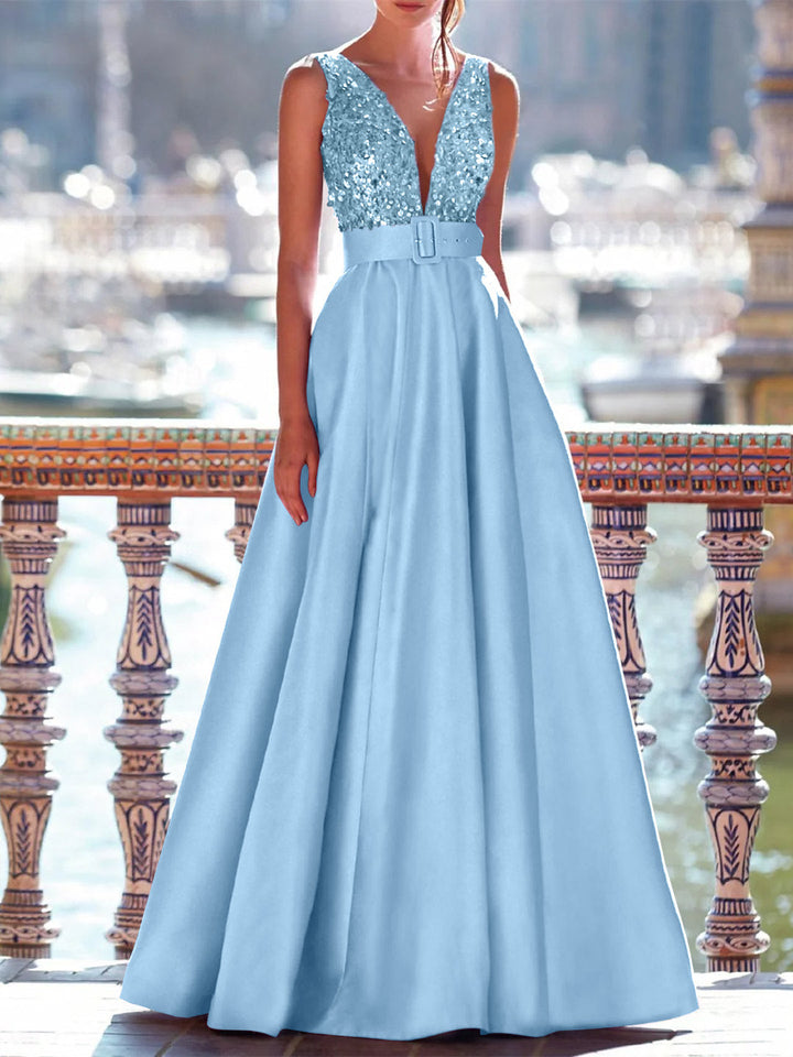 Sleeveless V-Neck A-Line Prom Dress with Pockets in Floor-Length Satin and Pearls Sleeveless V-Neck A-Line Prom Dress with Pockets in Floor-Length Satin and Pearls