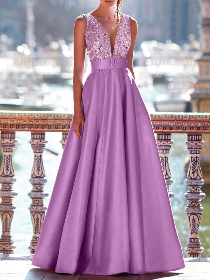 Sleeveless V-Neck A-Line Prom Dress with Pockets in Floor-Length Satin and Pearls Sleeveless V-Neck A-Line Prom Dress with Pockets in Floor-Length Satin and Pearls