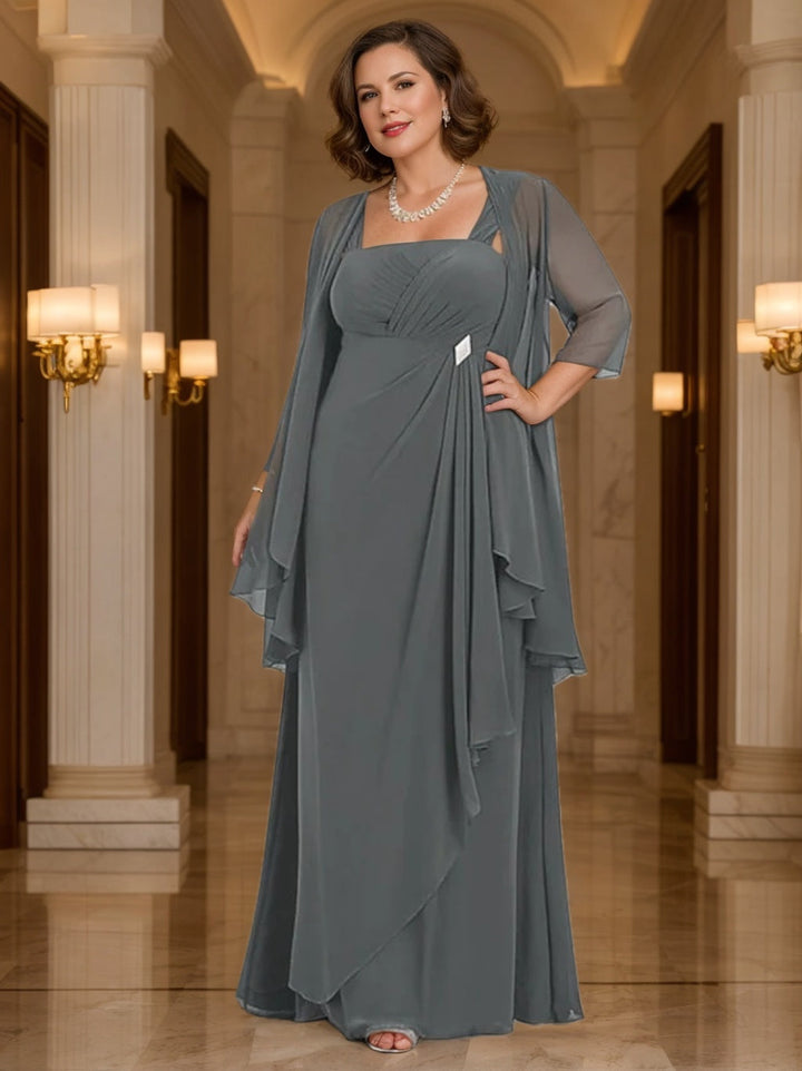mother of the bride a line dress and jacket 2 Pieces A-Line/Princess Square Collar Chiffon Mother of the Bride Dresses with Jacket Lace Ankle-Length 3/4 Sleeves Tahiti