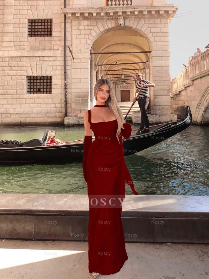 Spaghetti Strap Sleeveless Long Mermaid Formal Dress With Gloves Spaghetti Strap Sleeveless Long Mermaid Formal Dress With Gloves