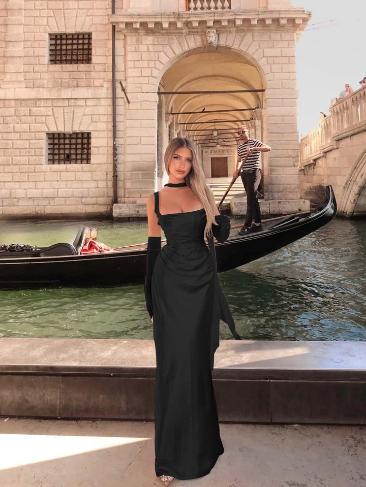 Spaghetti Strap Sleeveless Long Mermaid Formal Dress With Gloves