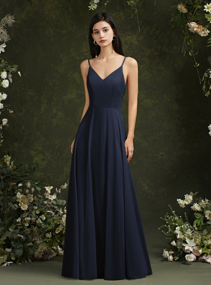 Spaghetti Strapes A Line Long Satin Floor Length Dress-koscy