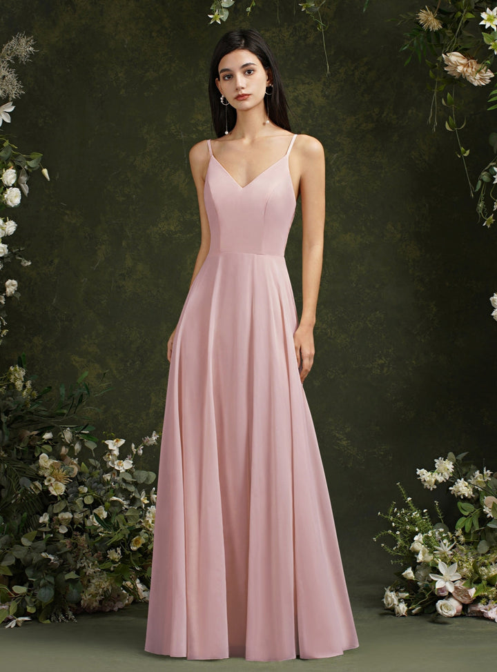 Spaghetti Strapes A Line Long Satin Floor Length Dress-koscy