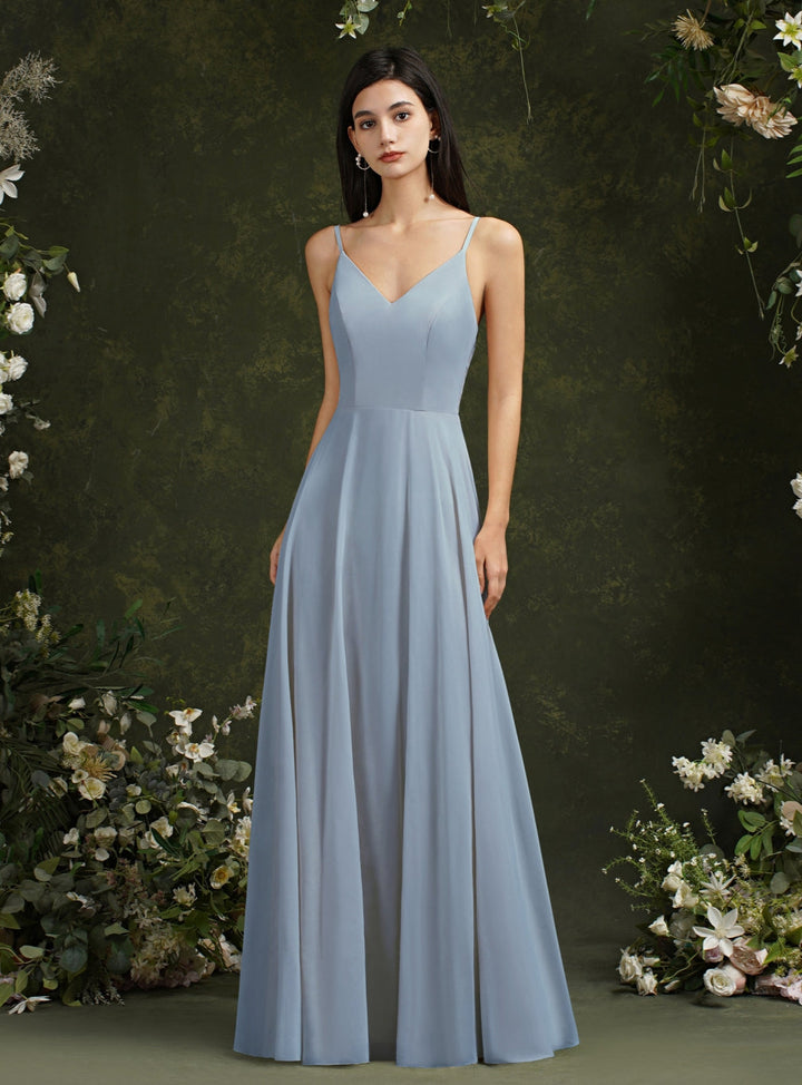 Spaghetti Strapes A Line Long Satin Floor Length Dress-koscy