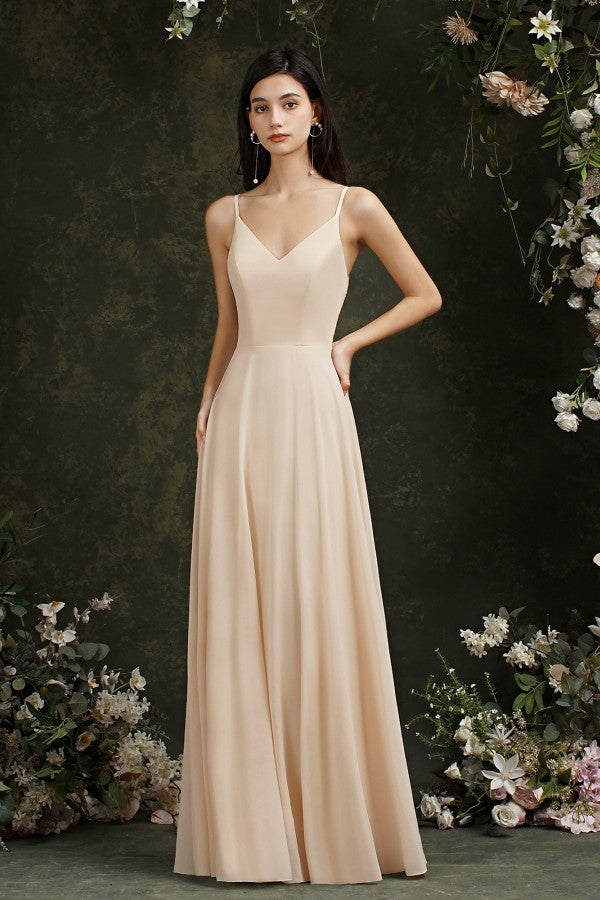 Spaghetti Strapes A Line Long Satin Floor Length Dress-koscy