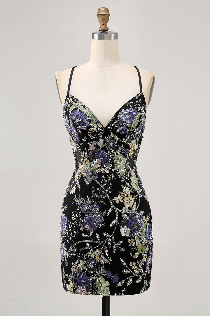Sparkly Black Floral Short Tight Homecoming Dress with Beading, Black