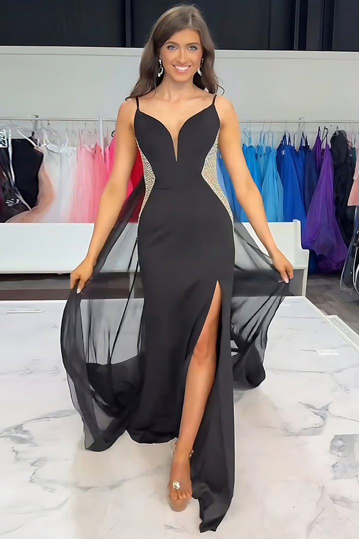 Sparkly Black Mermaid Detachable Train Satin Long Beaded Prom Dress with  Slit