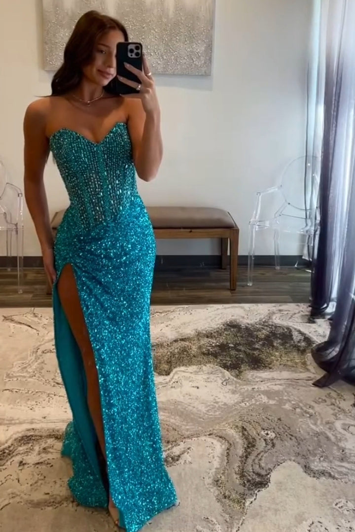 prom dresses bodycon long Sparkly Blue Sweetheart Sequins Bodycon Long Corset Prom Dress with Beading