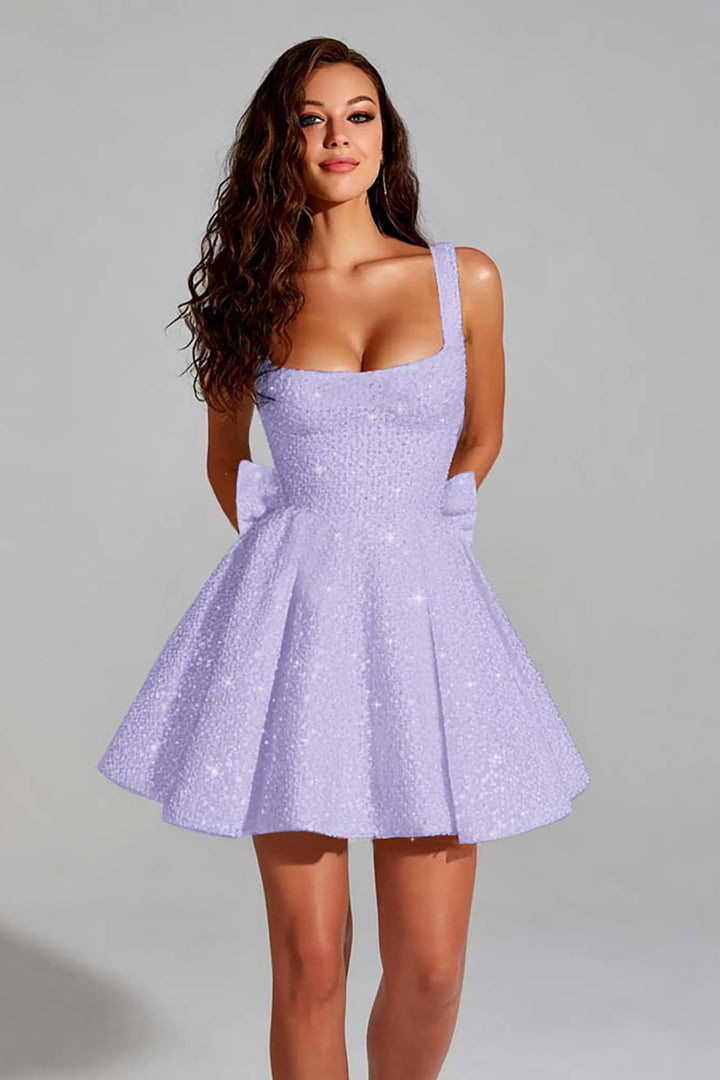 Sparkly Blush Pink A Line Square Neck Short Homecoming Dress with Bow Sparkly Blush Pink A Line Square Neck Short Homecoming Dress with Bow
