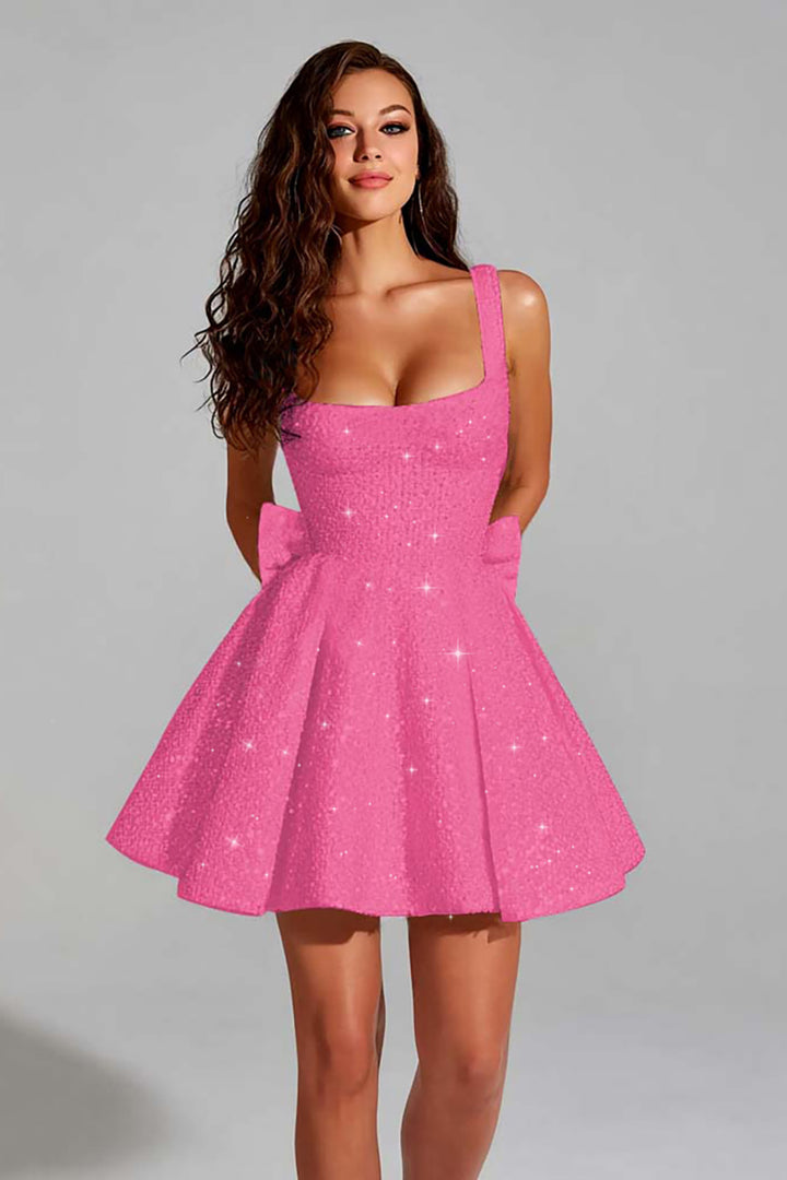Sparkly Blush Pink A Line Square Neck Short Homecoming Dress with Bow Sparkly Blush Pink A Line Square Neck Short Homecoming Dress with Bow