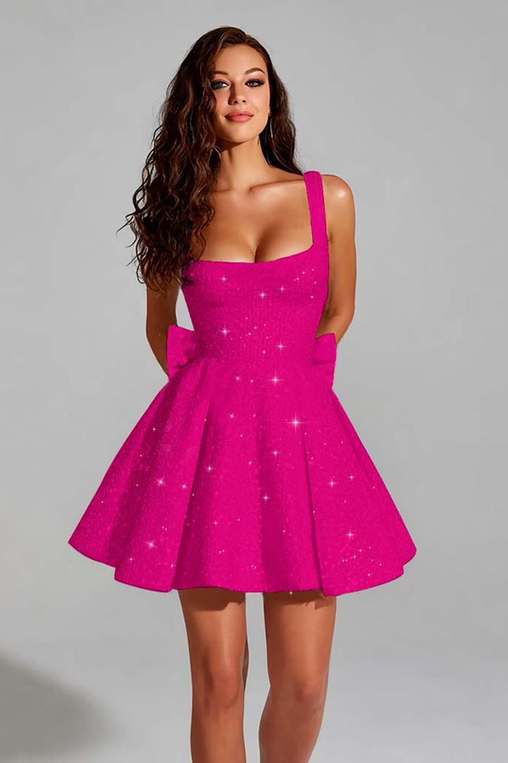 pink black homecoming dresses Sparkly Blush Pink A Line Square Neck Short Homecoming Dress with Bow