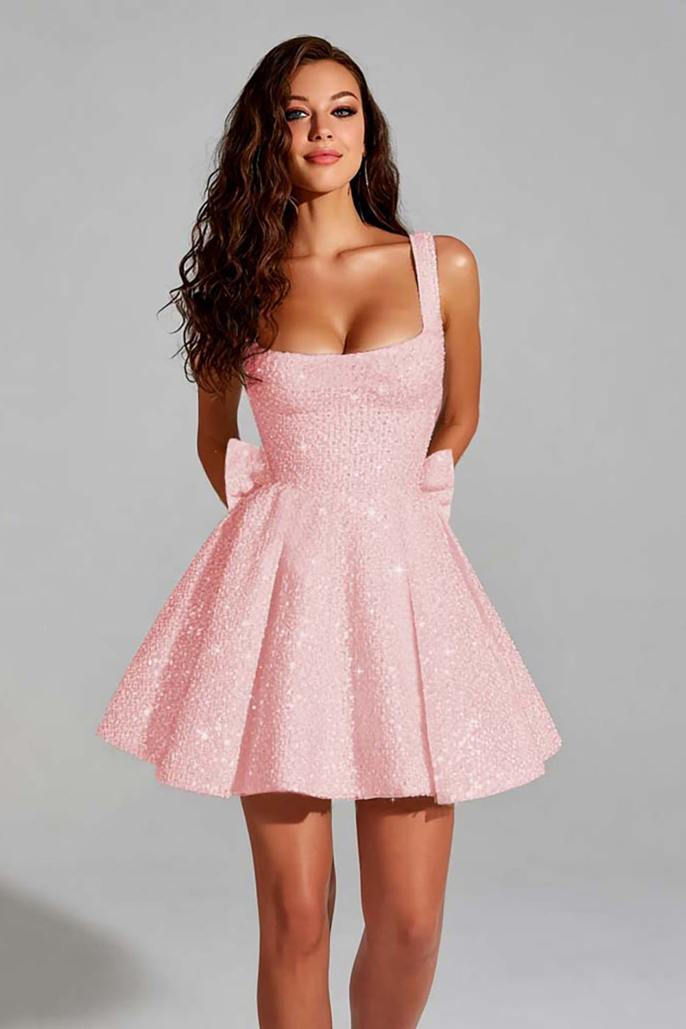 Sparkly Blush Pink A Line Square Neck Short Homecoming Dress with Bow Sparkly Blush Pink A Line Square Neck Short Homecoming Dress with Bow