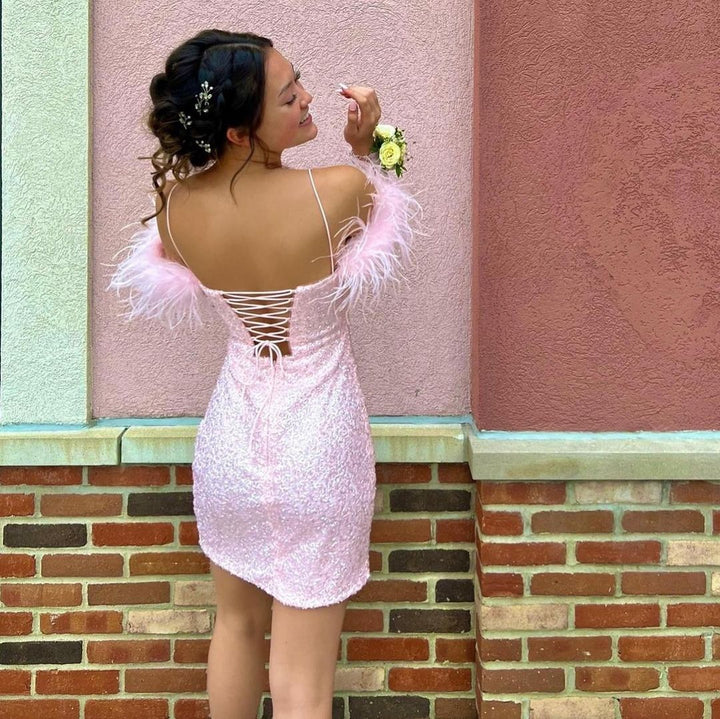 Koscy Sparkly Bodycon Scoop Neck Light Pink Sequins Short homecoming Dresses with Feather