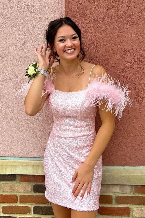 Koscy Sparkly Bodycon Scoop Neck Light Pink Sequins Short homecoming Dresses with Feather