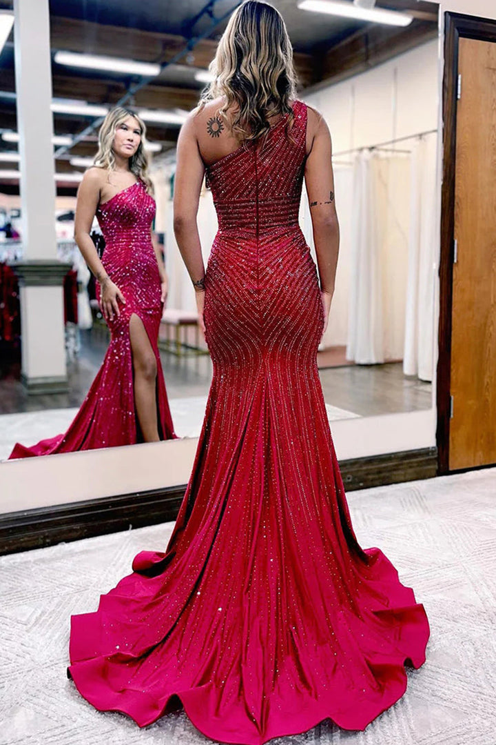 Sparkly Burgundy Beaded One Shoulder Long Prom Dress with Slit Sparkly Burgundy Beaded One Shoulder Long Prom Dress with Slit