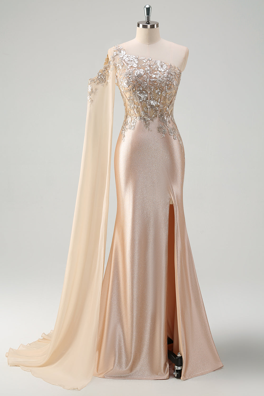 Sparkly Champagne One Shoulder Mermaid Satin Long Corset Prom Dress with Appliques Sparkly Champagne One Shoulder Mermaid Satin Long Corset Prom Dress with Appliques