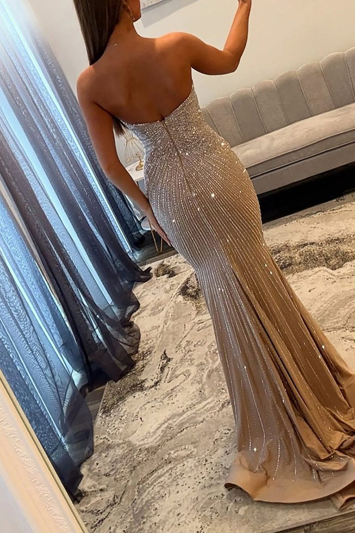 keyhole mermaid prom dress Sparkly Gold Keyhole Mermaid Satin Long Prom Dress with Beading