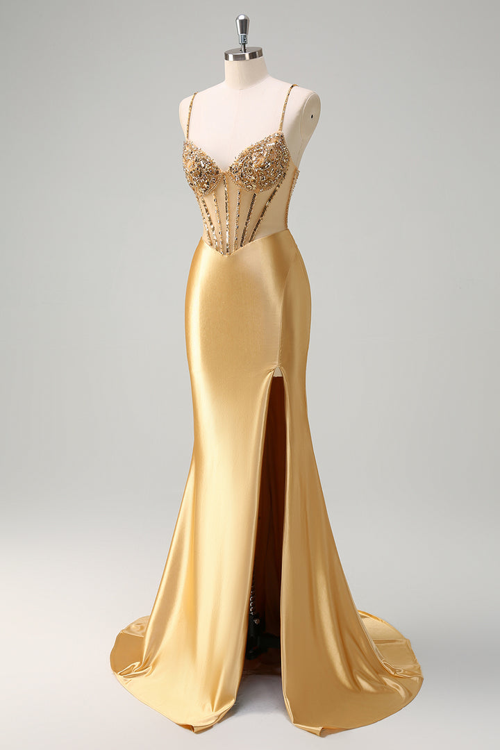 Sparkly Gold Spaghetti Straps Satin Mermaid Long Corset Prom Dress with  Sequins