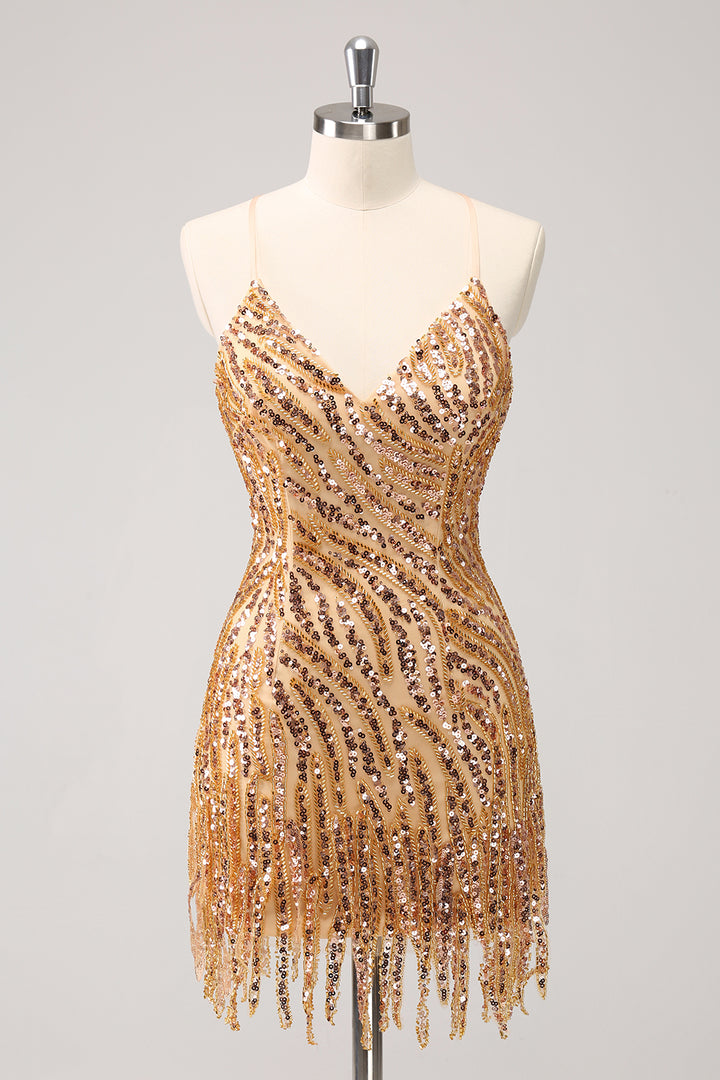 Sparkly Golden Spaghetti Straps Sequins Bodycon Short Homecoming Dress with  Fringe