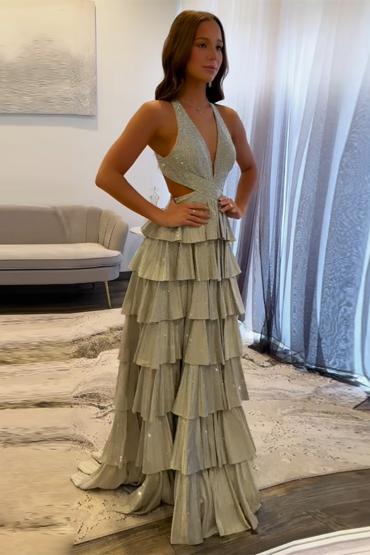 Sparkly Grey A Line Tiered Corset Long Beaded Prom Dress with Slit Sparkly Grey A Line Tiered Corset Long Beaded Prom Dress with Slit