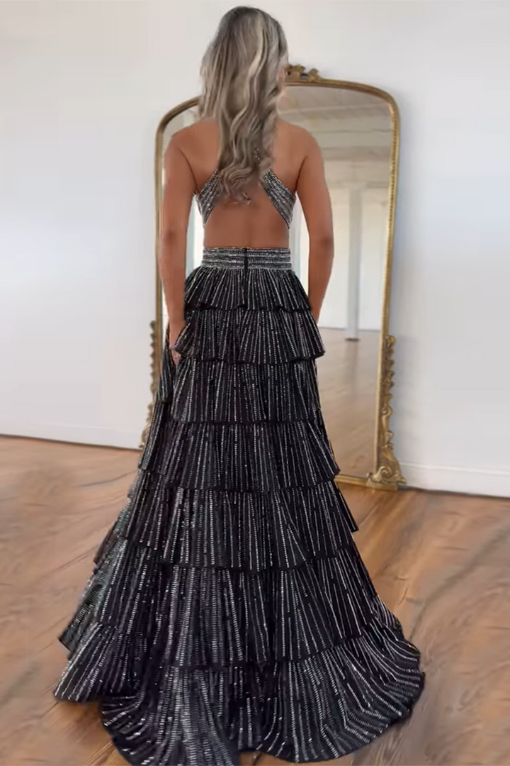 Sparkly Grey A Line Tiered Corset Long Beaded Prom Dress with Slit Sparkly Grey A Line Tiered Corset Long Beaded Prom Dress with Slit